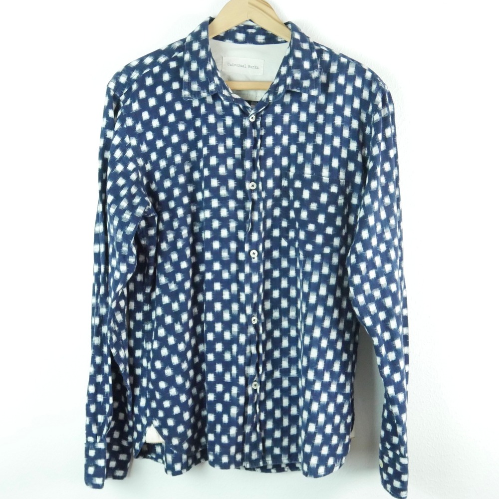 Universal Works Vintage Double Ikat Square Pocket Shirt Indigo  Cotton Large